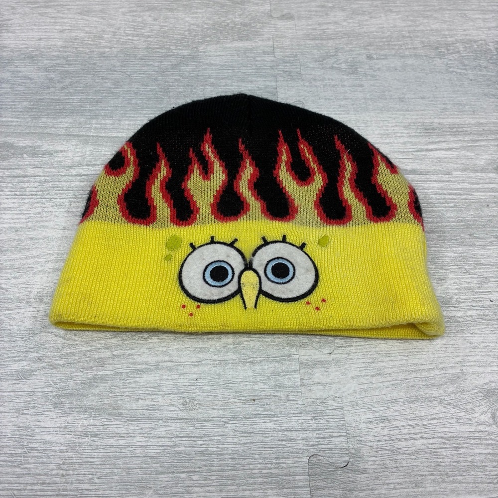 Vintage SpongeBob Flames Beanie Boys Yellow Acrylic Flame Hat Nickelodeon 2003